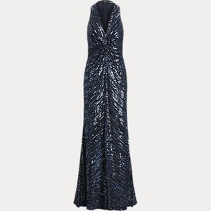 Ralph Lauren Beaded Sequin Twist Front Halter Gown